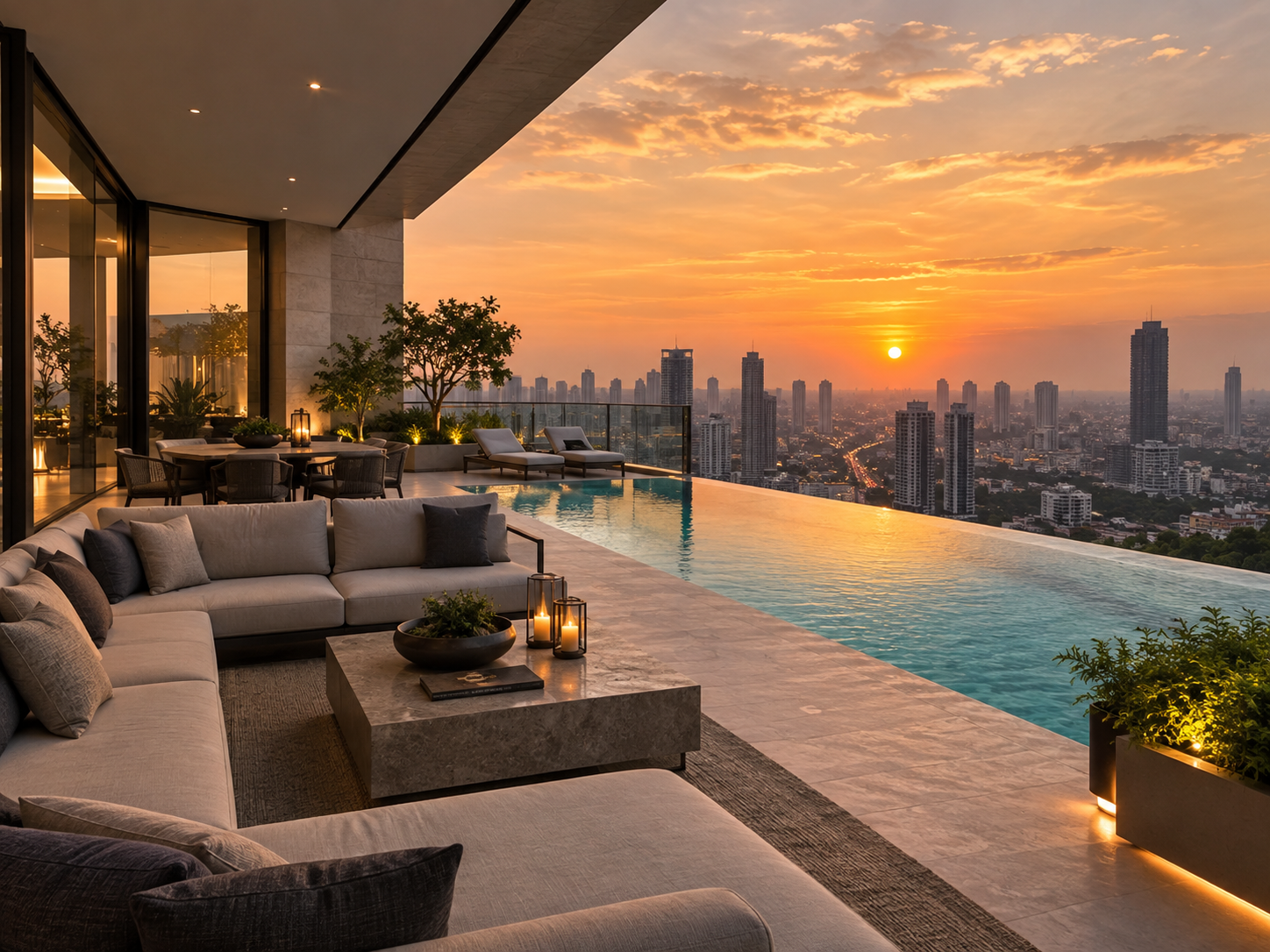 Luxury penthouse terrace at sunset